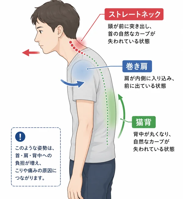 ストレートネック・巻き肩・猫背の姿勢イメージ
