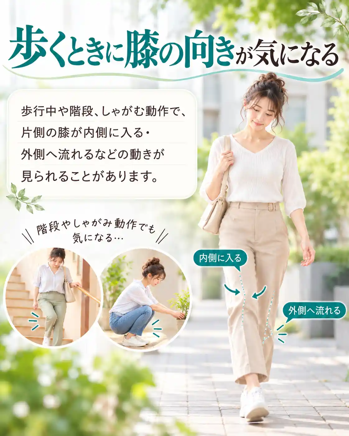 歩行中や階段の上り下り、しゃがむ動作での膝の向きを解説した画像。女性が歩く様子を中心に、膝が内側に入る動きや外側へ流れる動きを矢印で示している。