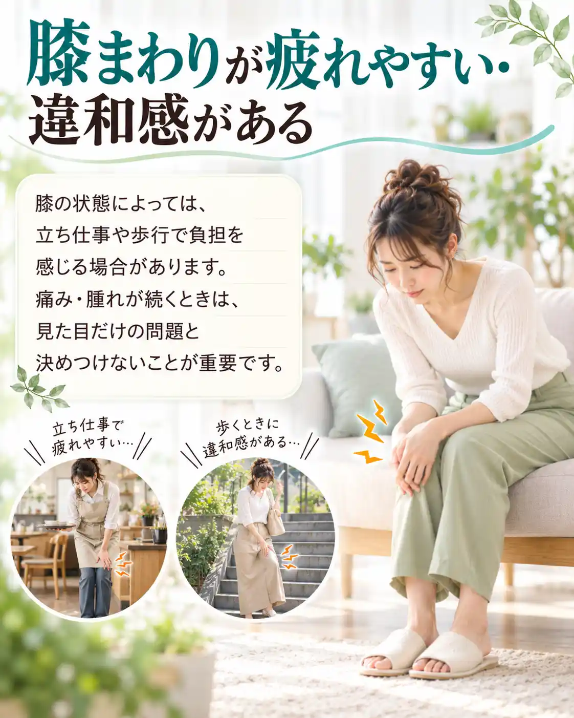 膝まわりの疲れや違和感について解説した画像。ソファに座って膝を押さえる女性を中心に、立ち仕事での膝の疲れや歩行・階段での違和感をイラストで紹介。膝の痛みや腫れが続く場合は、見た目だけで判断しないことの重要性も説明している。