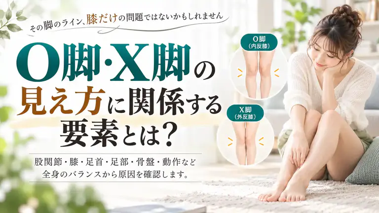 O脚・X脚の見え方に関係する要素を解説した画像。脚のラインを気にする女性とO脚・X脚の比較図を掲載し、股関節・膝・足首・足部・骨盤・動作など、全身のバランスから原因を確認することを紹介。