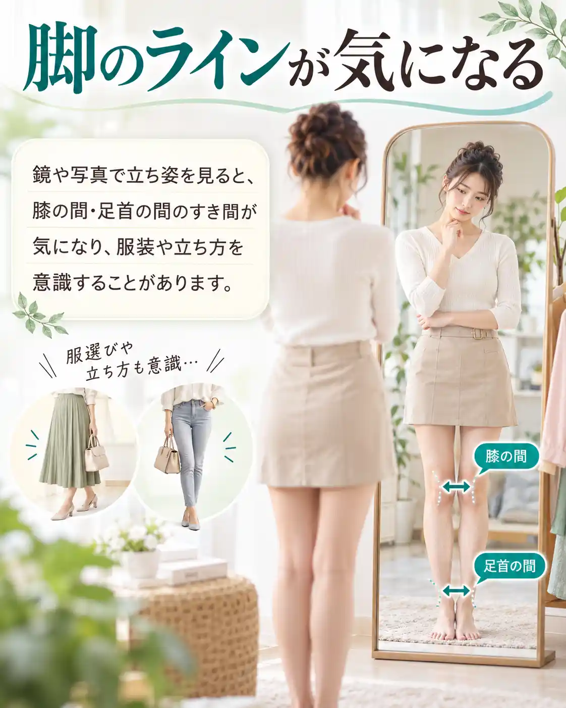 鏡の前で自分の脚のラインを確認する女性の画像。膝や足首の間のすき間が気になり、服装や立ち方を意識する様子を、スカートやパンツを着用した女性の挿絵とともに紹介。
