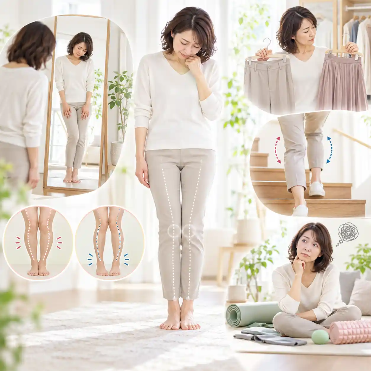 O脚・X脚に関するお悩みを表した画像。鏡で脚のラインを確認する女性を中心に、ズボンやスカート選び、階段の上り下り、脚の形の比較、セルフケアについて考える様子を描いている。