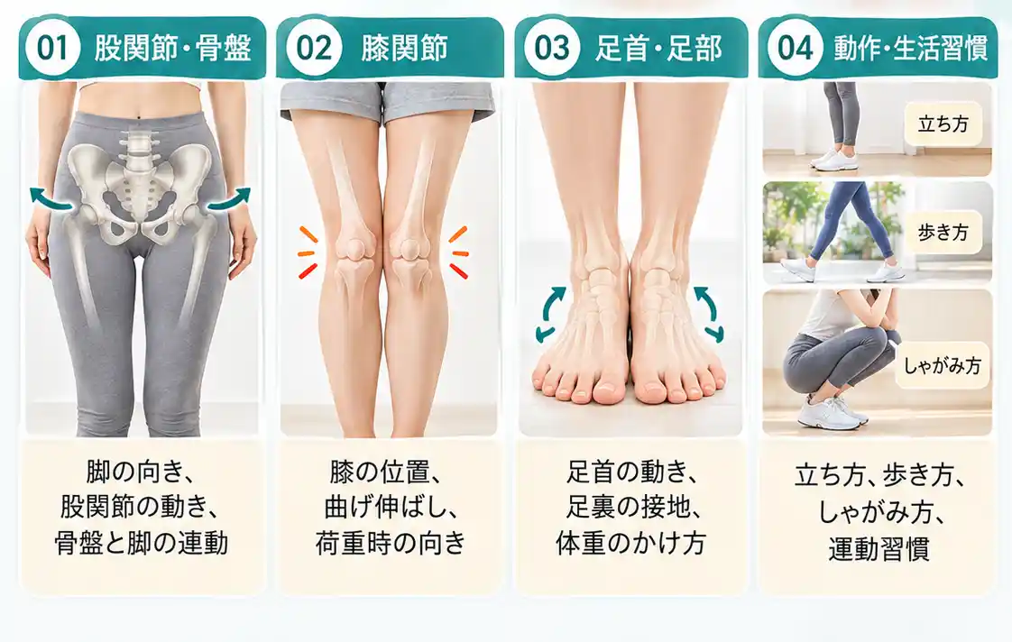 O脚・X脚に関係する4つの確認項目を解説した図解。股関節・骨盤、膝関節、足首・足部、動作・生活習慣について、骨格のイラストや立ち方・歩き方・しゃがみ方の写真を用いて紹介。