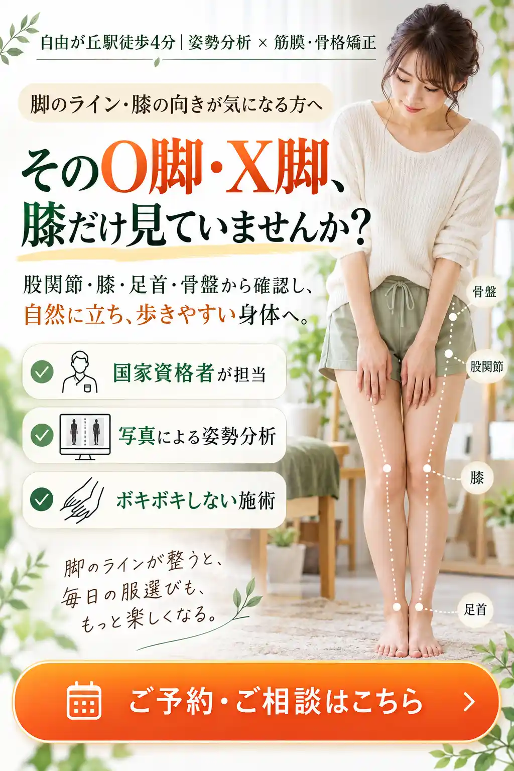 自由が丘あゆむ整体院のO脚・X脚改善に関する案内画像。女性の脚に骨盤・股関節・膝・足首の位置を示し、写真による姿勢分析、国家資格者による施術、ボキボキしない施術を紹介。