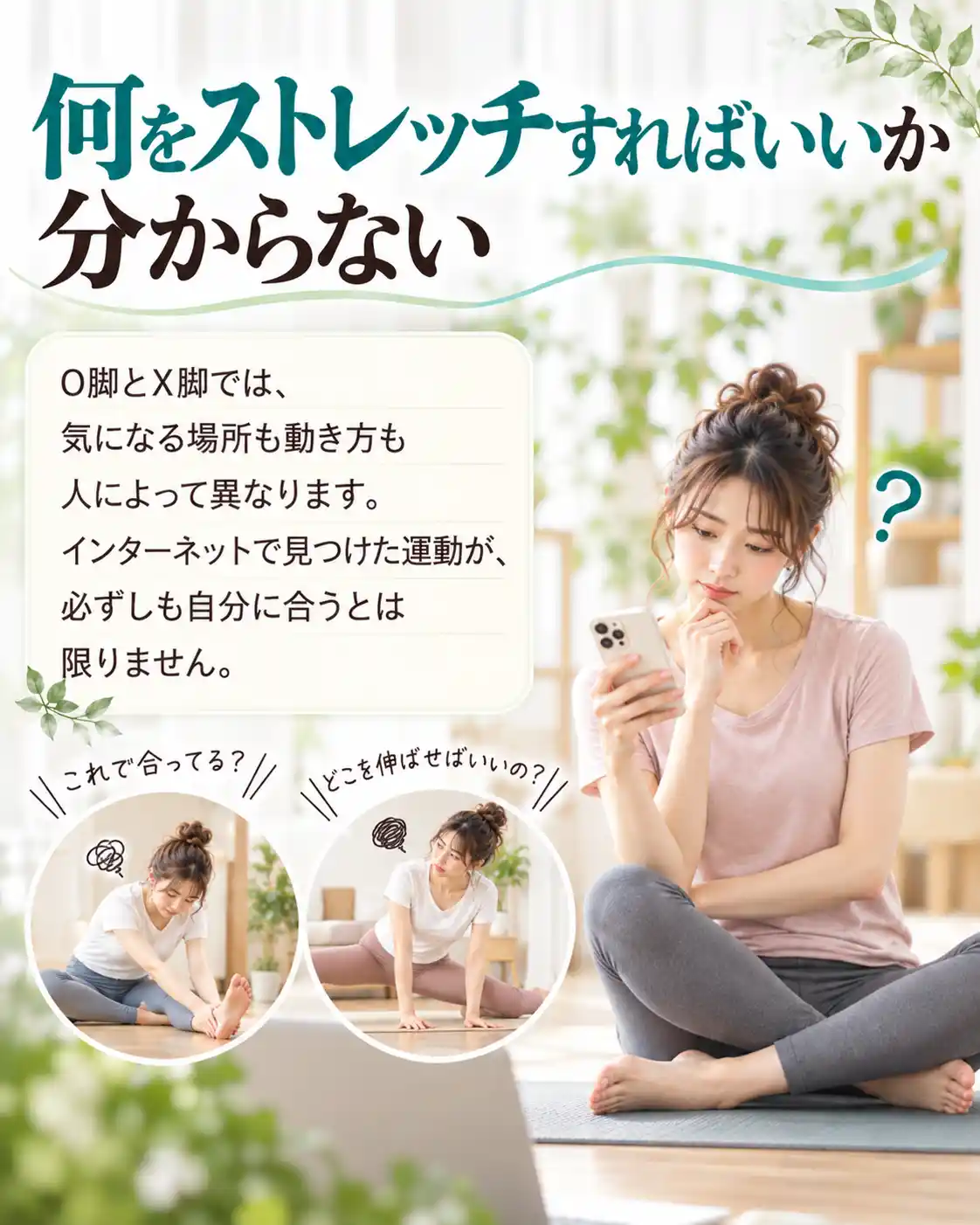 O脚・X脚のストレッチ方法に悩む女性の画像。スマートフォンで運動方法を調べる女性を中心に、前屈や股関節のストレッチをする様子を紹介。一人ひとりの脚の状態によって適切な運動が異なることを説明している。