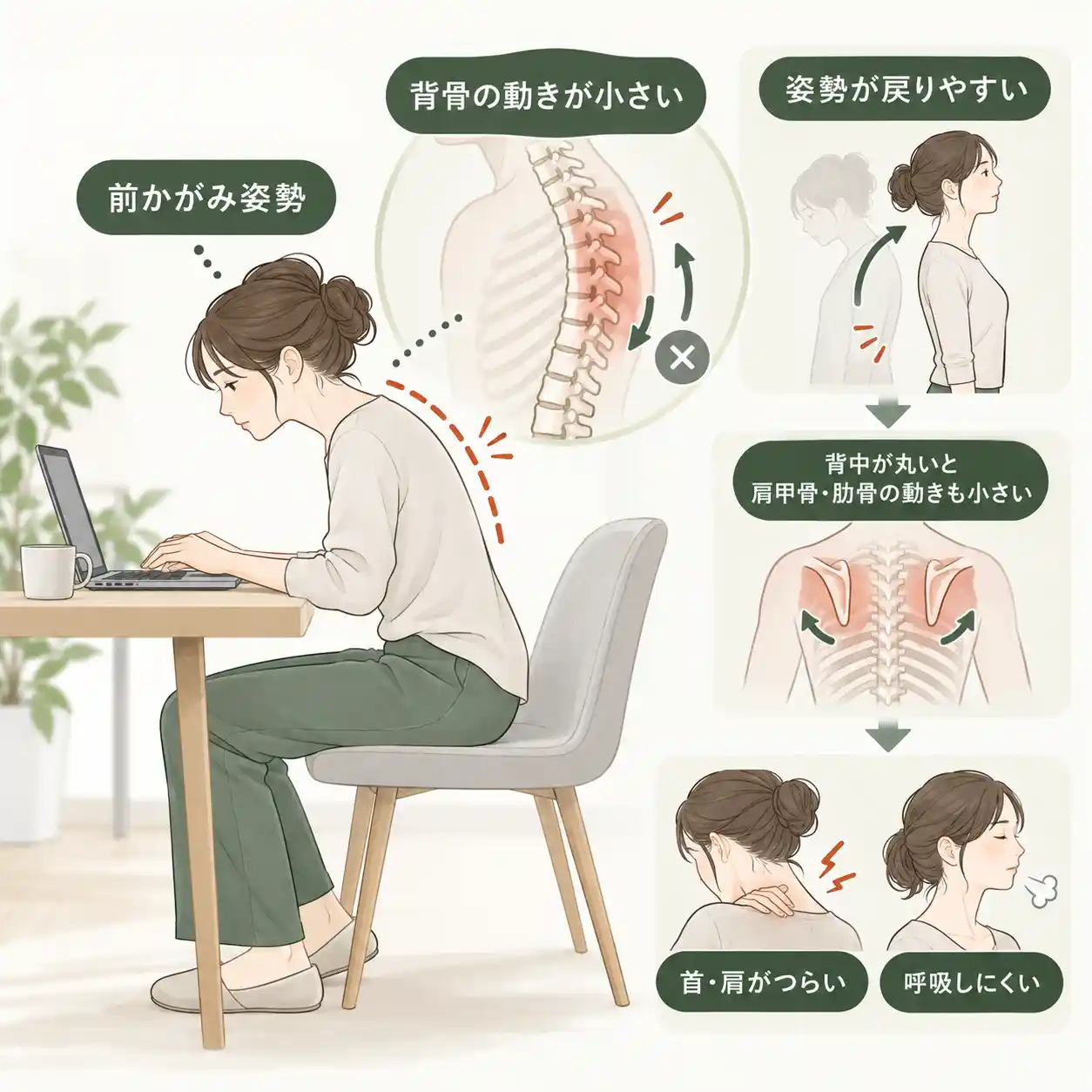 パソコン作業中の前かがみ姿勢を中心に、背骨の動きが小さくなり姿勢が戻りにくくなる状態や、肩甲骨・肋骨の動き、首や肩のつらさ、呼吸のしにくさとの関係を図解している。